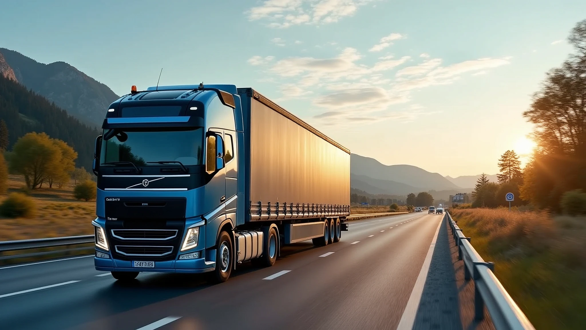 European tractor-trailer similar to famous European models driving on the highway on the background of nature and a small European city, photorealism, super quality, half-side view