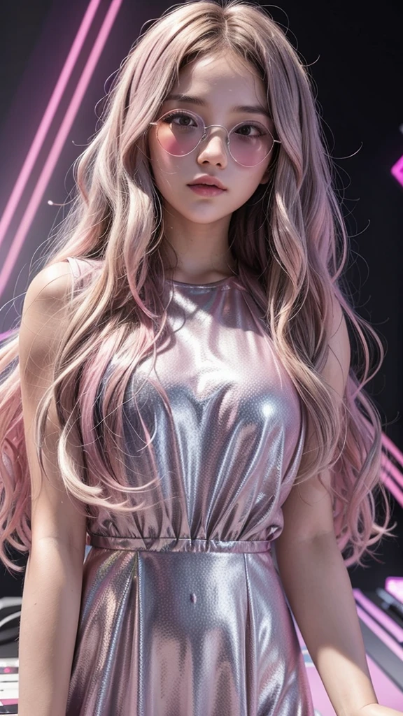 A young DJ with wavy hair in shades of pink and silver, wearing a pink holographic dress that reflects all the colors of the rainbow. She's playing at a party on the rooftop of a skyscraper, with a panoramic view of the illuminated city in the background. Silver headphones rest around her neck as she looks straight into the camera with a determined, charismatic look., criando uma atmosfera eletrizante.