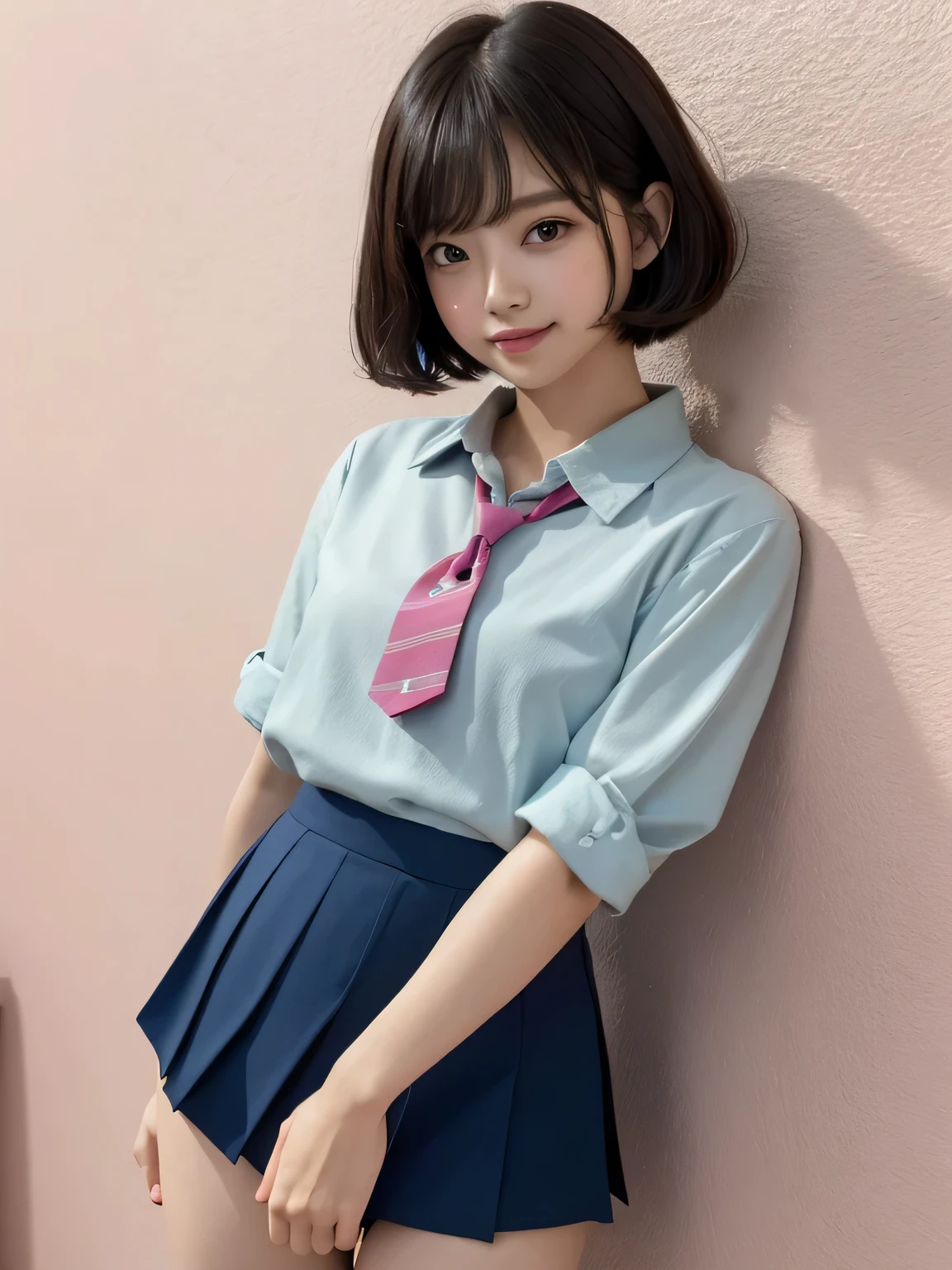 (Highest quality、8k、32K、masterpiece、Hmph:1.2)、Pink Wall、sexy、Age 25、Cute Japan woman photo、ショートBobcut、sexy、thin、slender、(Bobcut)、(Small breasts)、double eyelid、Green open front shirt、Navy blue tie、Red mini skirt、Thighs、Blue Wall、whole body、smile、sexy、Thighsが見える