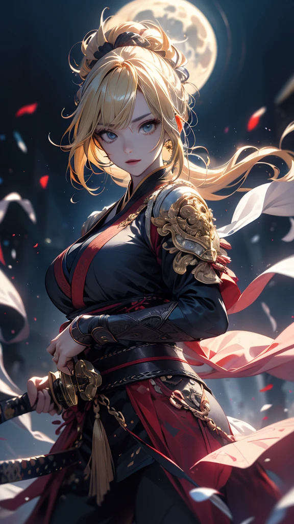 masterpiece, high quality, 4K, Beautiful design, silhouette，blonde， 非常に詳細な夜のStarry Sky,Flower Field， wonderful, Finer details,  Very knowledgeable woman, Highly detailed solo, 1 female,Big Breasts，Ninja costume，Hold the sword in front of your chest.，Night view，Starry Sky，full moon，