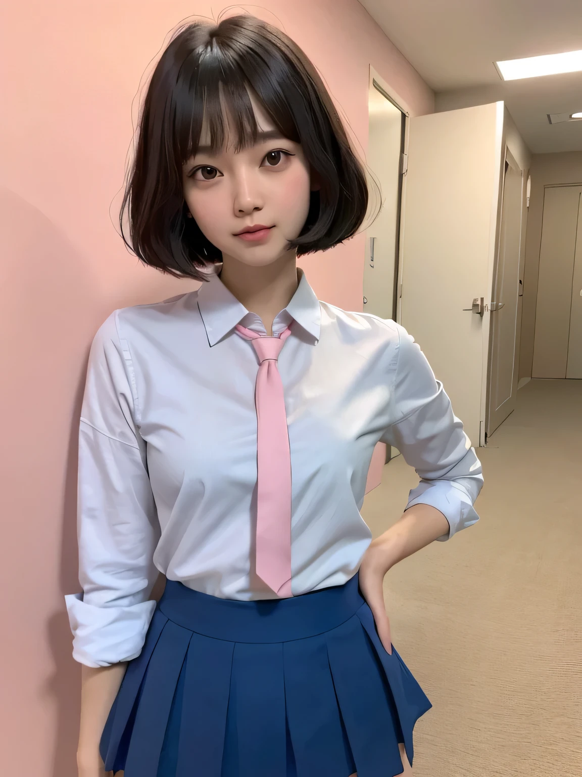 (Highest quality、8k、32K、masterpiece、Hmph:1.2)、Pink Wall、sexy、Age 25、Cute Japan woman photo、ショートBobcut、sexy、thin、slender、(Bobcut)、(Small breasts)、double eyelid、Green open front shirt、Navy blue tie、Red mini skirt、Thighs、Blue Wall、whole body、smile、sexy、Thighsが見える