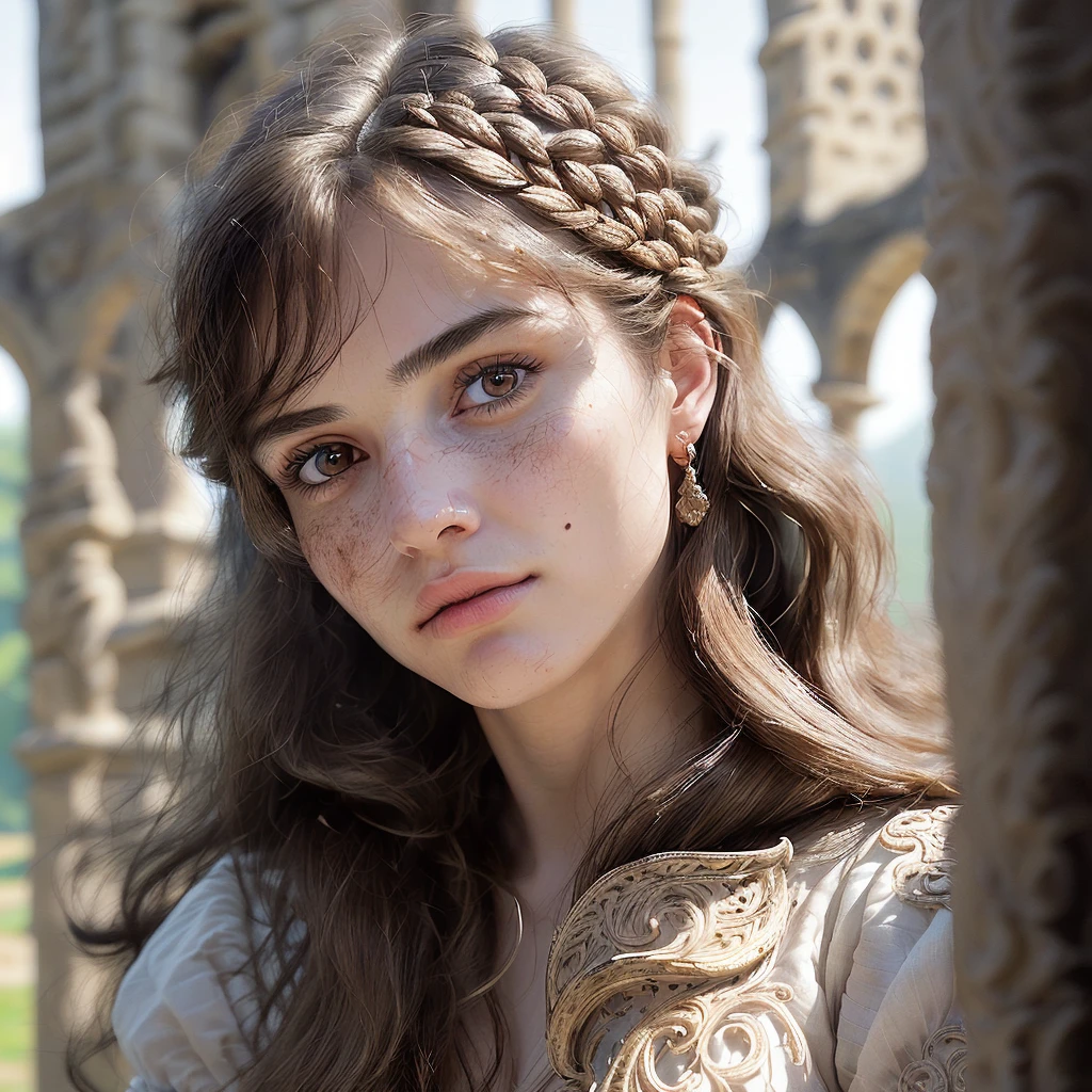(masterpiece), (extremely intricate:1.3),, 25yo spanish female, long brown messy hair, warm ivory skin, long wavy brown hair, meSSy bangS, oval face, soft well-defined jawline, large almond-shaped hazel eyes, Long Dark Eyelashes, arched well-defined eyebrows, straight proportionate nose with rounded tip, full natural pink lips, no make up, natural look, detailed skin, imperfect skin, beauty marks, (blemish:0.8), 8k, highly detailed, full white background (realist), portrait of a girl, the most beautiful in the world, (medieval armor), metal reflections, Upper part of the body, outdoor, intense sunlight, distant castle, Detailed professional photography of a stunning woman., sharp focus, dramatic, awarded, cinematic lighting, Octane rendering, unreal engine, volumetric dtx, (film grain, bokeh, blurred closeup, blurred background), crest on chest,
