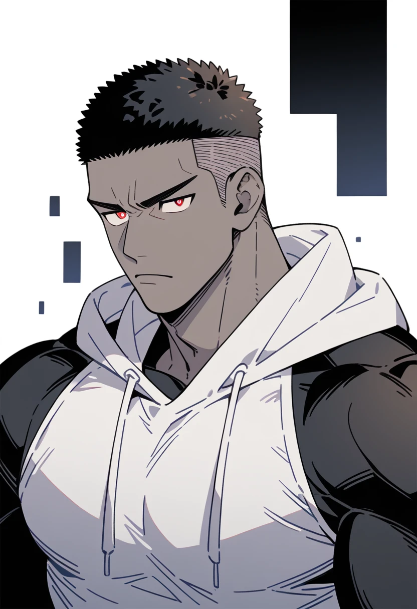 anime characters：Slam Dunk-Sakuragi Hanamichi, Black Black Skin Muscle Sports Student, Manliness, male focus, Sports tight hooded sweatshirt, Wear a high-necked tights underneath, Very tight, Huge pectoral muscles, muscular male, muscular, only, Upper body, alone, Red short hair, Thick eyebrows, Stubble, Brown-red pupils, White background, Solid color background, Clean background, simple background, amazing quality, best aesthetics, Ridiculous, crew cut, bright pupils, frown, angry, negative space, negative space, best quality