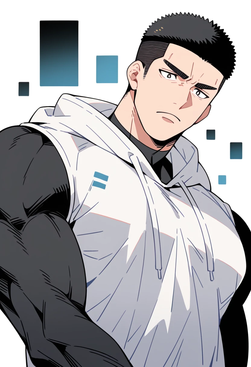 anime characters:Slam Dunk-Sakuragi Hanamichi, Black Black Skin Muscle Sports Student, Manliness, male focus, Sports tight hooded sweatshirt, Wear a high-necked tights underneath, Very tight, Huge pectoral muscles, muscular male, muscular, only, Upper body, alone, Red short hair, Thick eyebrows, Stubble, Brown-red pupils, White background, Solid color background, Clean background, simple background, amazing quality, best aesthetics, Ridiculous, crew cut, bright pupils, frown, angry, negative space, negative space, best quality
