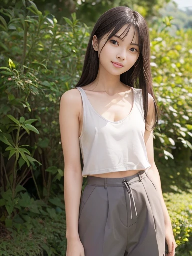 a lot of details, (underweight), 30 years old, detailed black hair, beautiful detailed hair, super fucking beautiful, delicate beautiful face, complex details beautiful and delicate eyes, perfect hands, (flat chest best quality:1.5), perfect and delicate limbs, detailed skin, best quality, ultra-detailed,(cheerful grin:1.3),
grassland, blissful, standing, looking to the right, straight hair, khaki short cargo pants, gray tank top, japanese, with a hill, with a flower, in the afternoon, full body shot, from side, low angle shot, midday