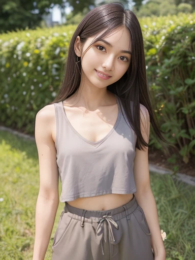 a lot of details, (underweight), 30 years old, detailed black hair, beautiful detailed hair, super fucking beautiful, delicate beautiful face, complex details beautiful and delicate eyes, perfect hands, (flat chest best quality:1.5), perfect and delicate limbs, detailed skin, best quality, ultra-detailed,(cheerful grin:1.3),
grassland, blissful, standing, looking to the right, straight hair, khaki short cargo pants, gray tank top, japanese, with a hill, with a flower, in the afternoon, full body shot, from side, low angle shot, midday
