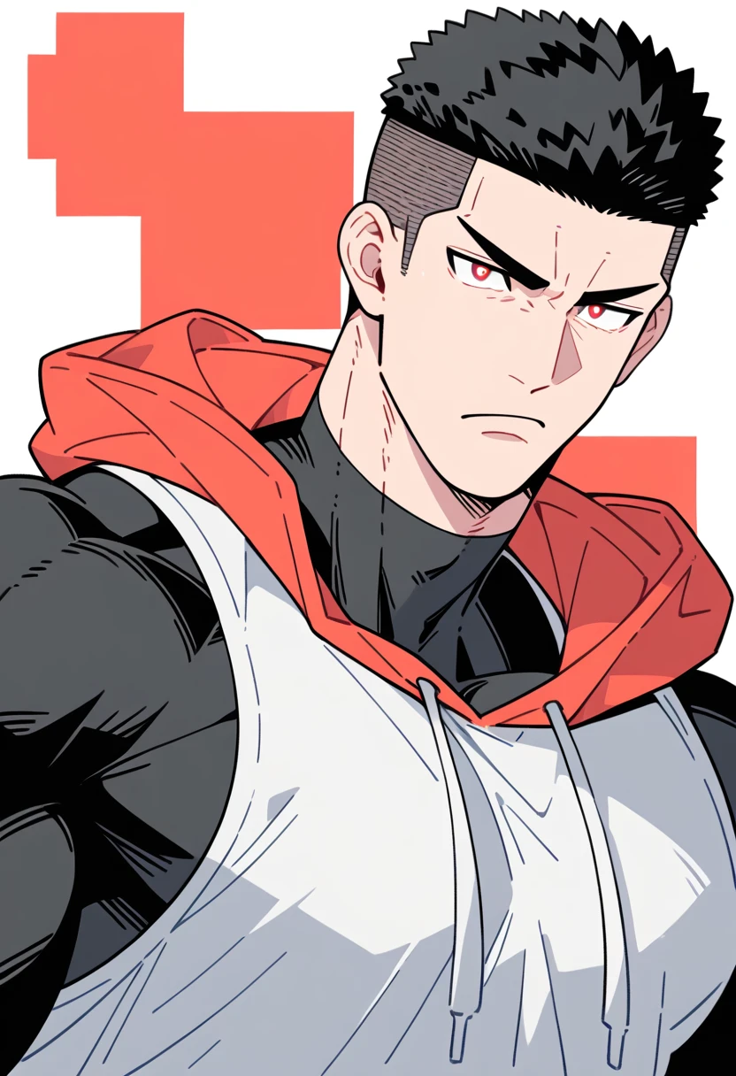 anime characters：Slam Dunk-Sakuragi Hanamichi, Black Black Skin Muscle Sports Student, Manliness, male focus, Sports tight hooded sweatshirt, Wear a high-necked tights underneath, Very tight, Huge pectoral muscles, muscular male, muscular, only, Upper body, alone, Red short hair, Thick eyebrows, Stubble, Brown-red pupils, White background, Solid color background, Clean background, simple background, amazing quality, best aesthetics, Ridiculous, crew cut, bright pupils, frown, angry, negative space, negative space, best quality