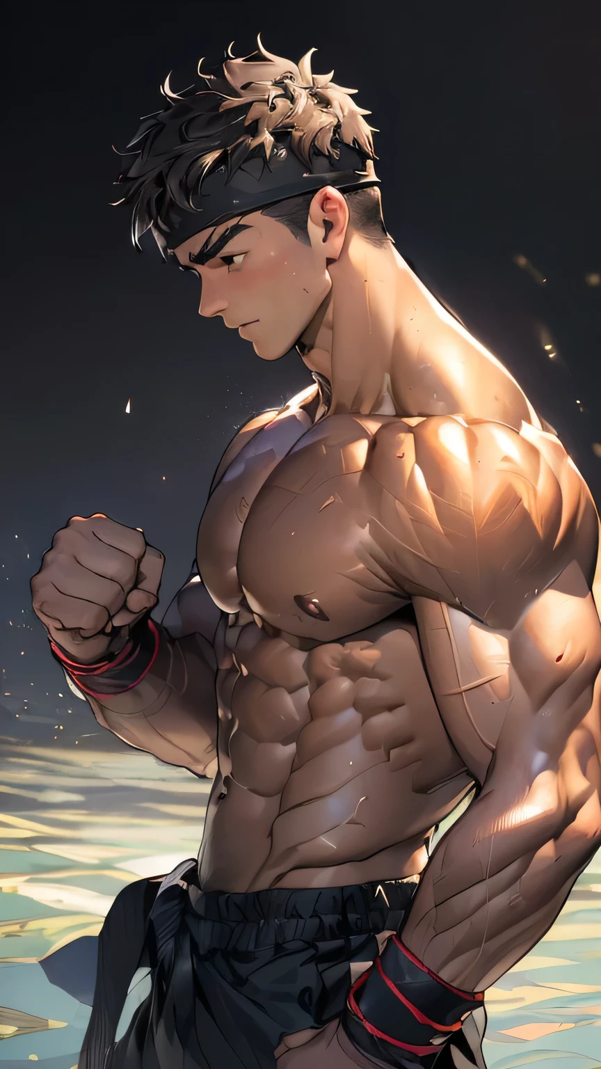 ((masterpiece, best quality)), (((((Black Background, Dark night, (Depth of field:1.2), upper body, side shot))))), (19 year old boy, Young handsome guy, muscler, Shirtless, topless), ((((1boy, solo, tough, reliable, developed body)))), (Dark Short straight hair, ((almost completely shaved hair)), under cut), (((red headband, black wristband))), Vivid colors, ((big breast:1.4, big shoulder:1.3, muscular body, sturdy body, defined round and fleshy pecs, defined round and fleshy ABS, defined round and fleshy armsmuscular:1.2, well-defined muscles, developed body, toned weist, shouldermuscler:1.2)), muscler!, muscler body, detailed face, detailed muscle, (((rippling muscles, athretic body, man with martial arts stance, raisineg his fist)))