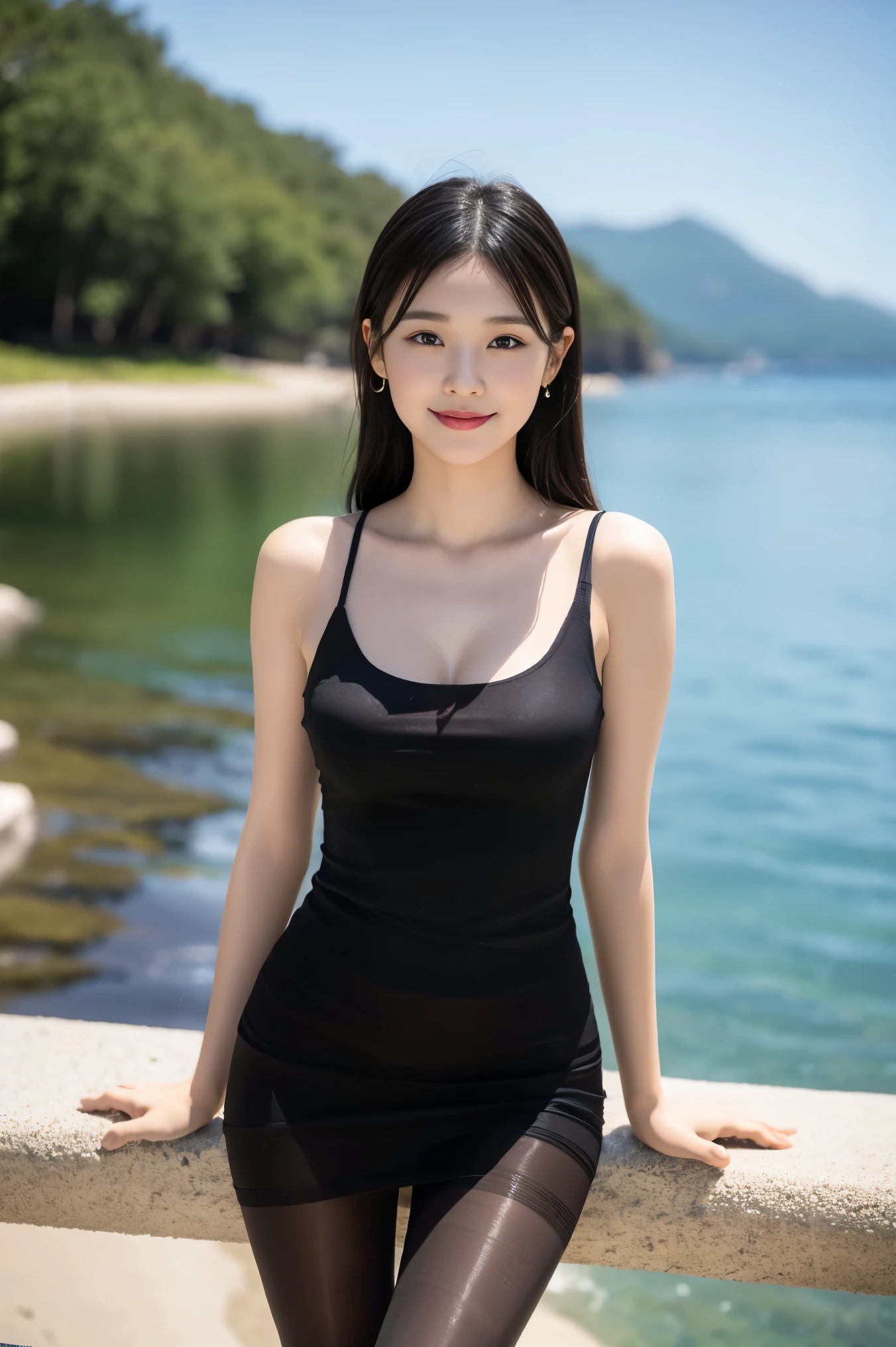 (8k), (highest quality: 1.2), (realistic), (realistic: 1.37), ultra high resolution, 1 girl, cute, smile, closed mouth, beautiful details, beautiful nose, whole body, wet hair, giant dulcefo, pork, thighs, Dress,sleeveless dress,mini dress,beige natural pantyhose,seaside,(Half-removed black pantyhose:1.5)