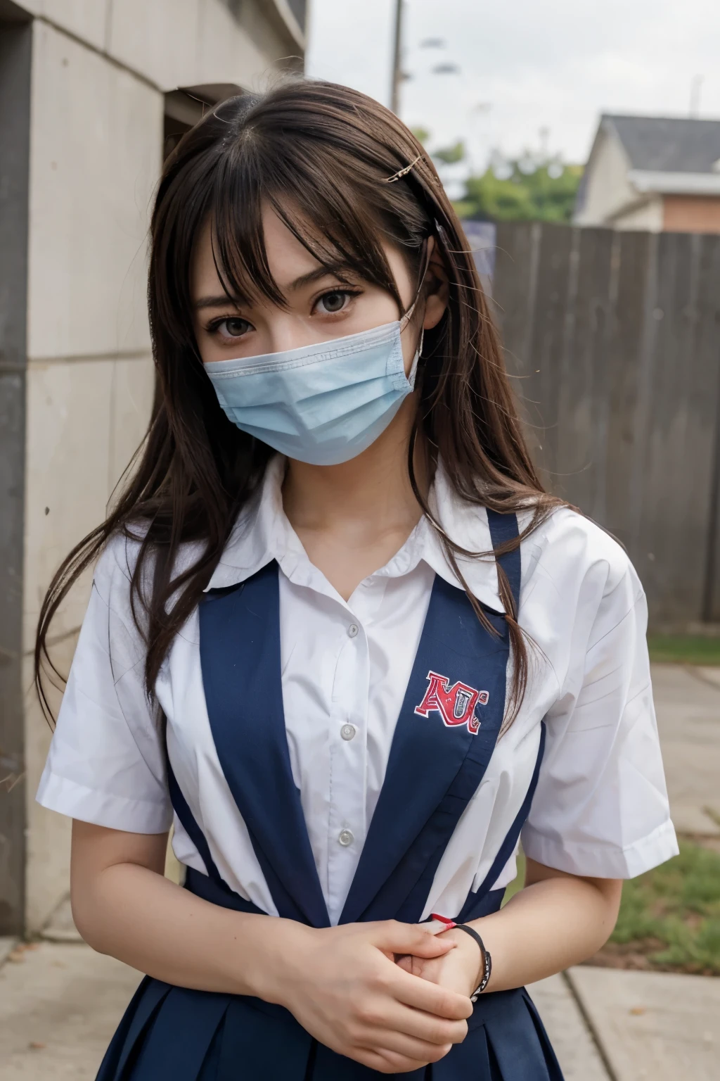 An anime girl wearing a school uniform has her mouth taped and her hands tied.