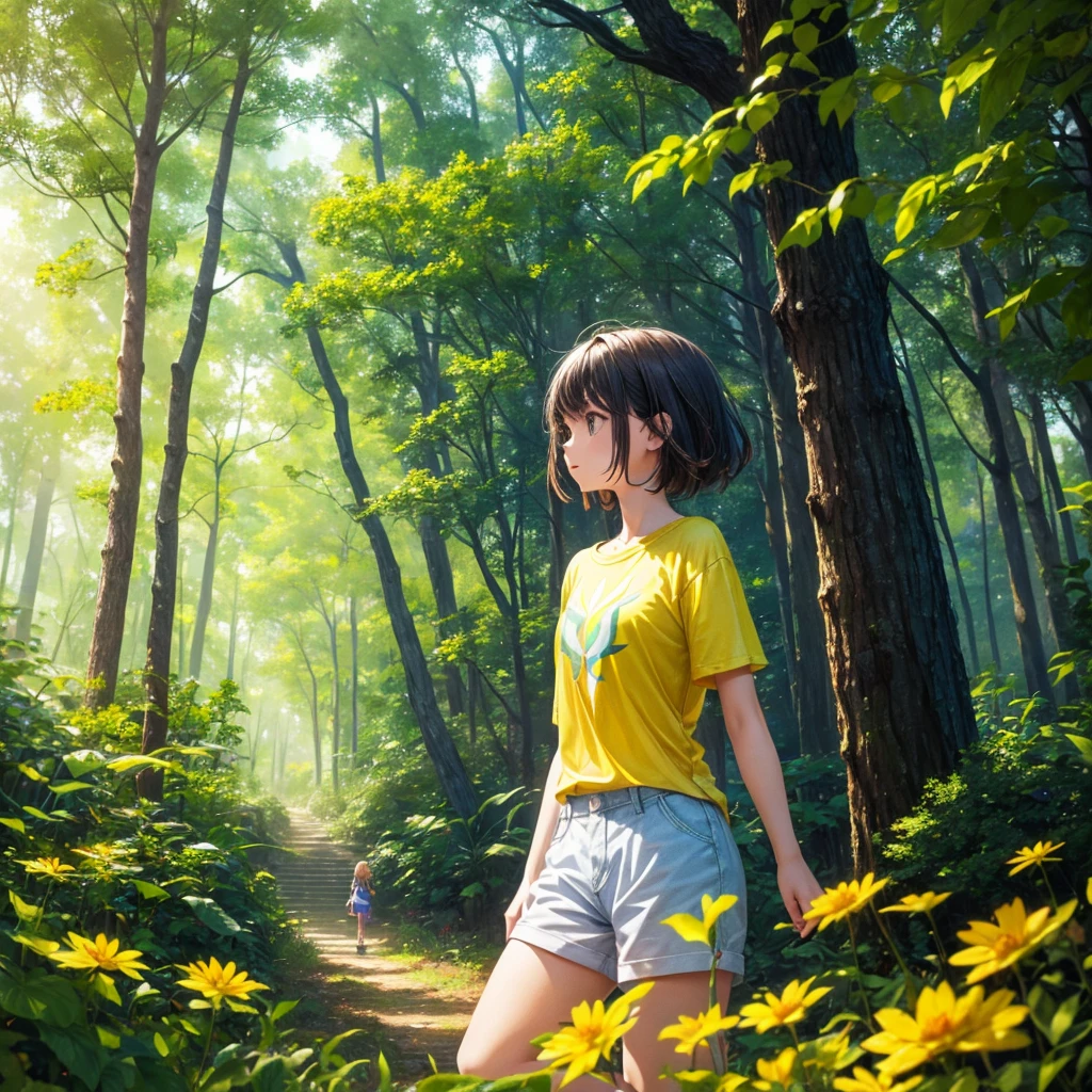 a girl in a yellow forest, wearing a summer t-shirt, bug effect,glowing highlights,fantasy,magical,surreal,colorful, medium shot