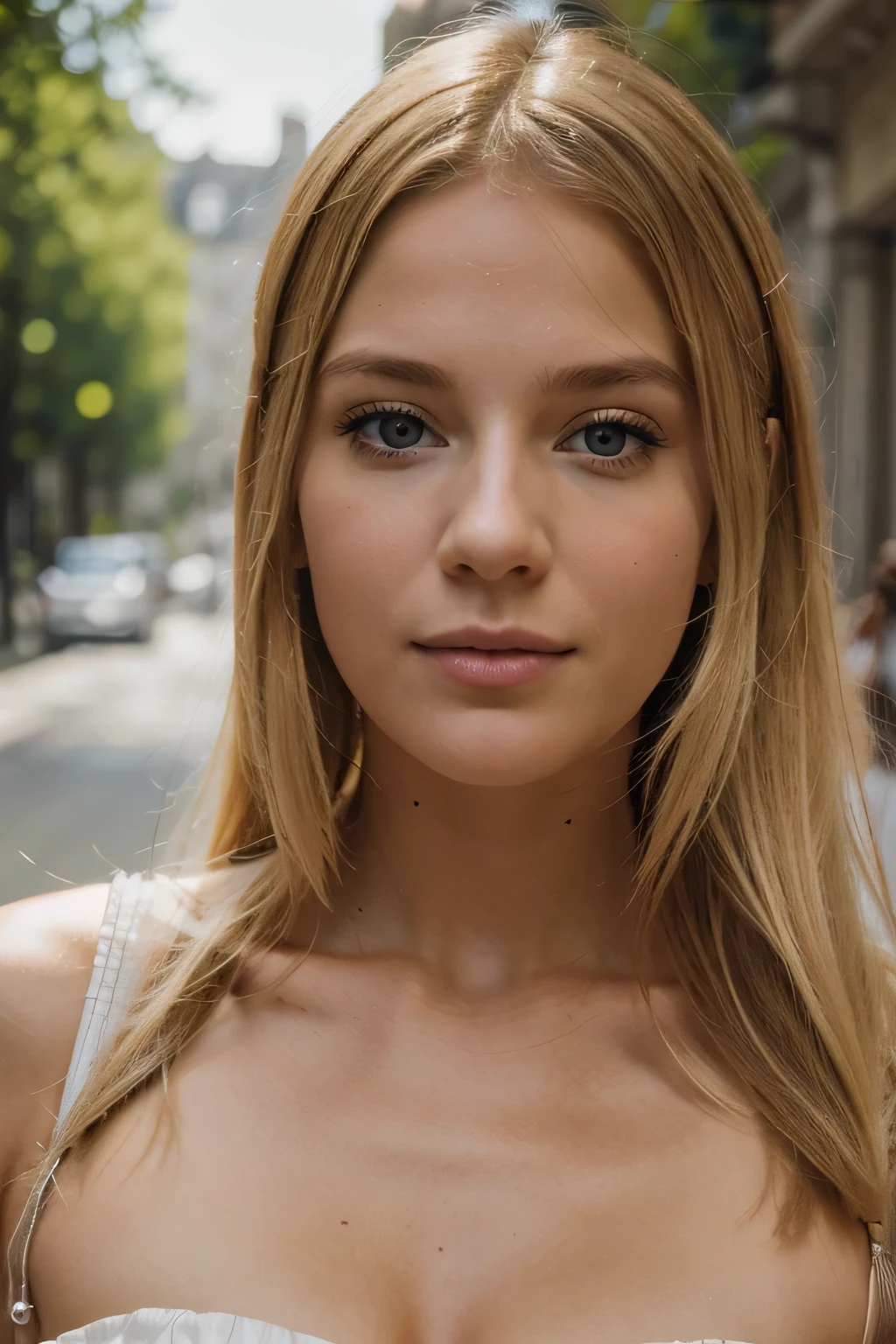 Best Quality, Masterpiece, hight resolution, 1girl, White flared chiffon short dress, Smile, closed mouth,lips, blond long hair, Detailed beautiful eyes,Detailed eyelash, beatiful face,UPON_body, Tyndall effect,Photorealistic, rim lighting, dual tone lighting,(high skin detail:1.2), 8K uhd, dslr, soft-lighting, hiquality, voluminous lighting, candid, a photo of a, High Resolution, 4k, 8K, bokeh, In the center of the city, afternoon