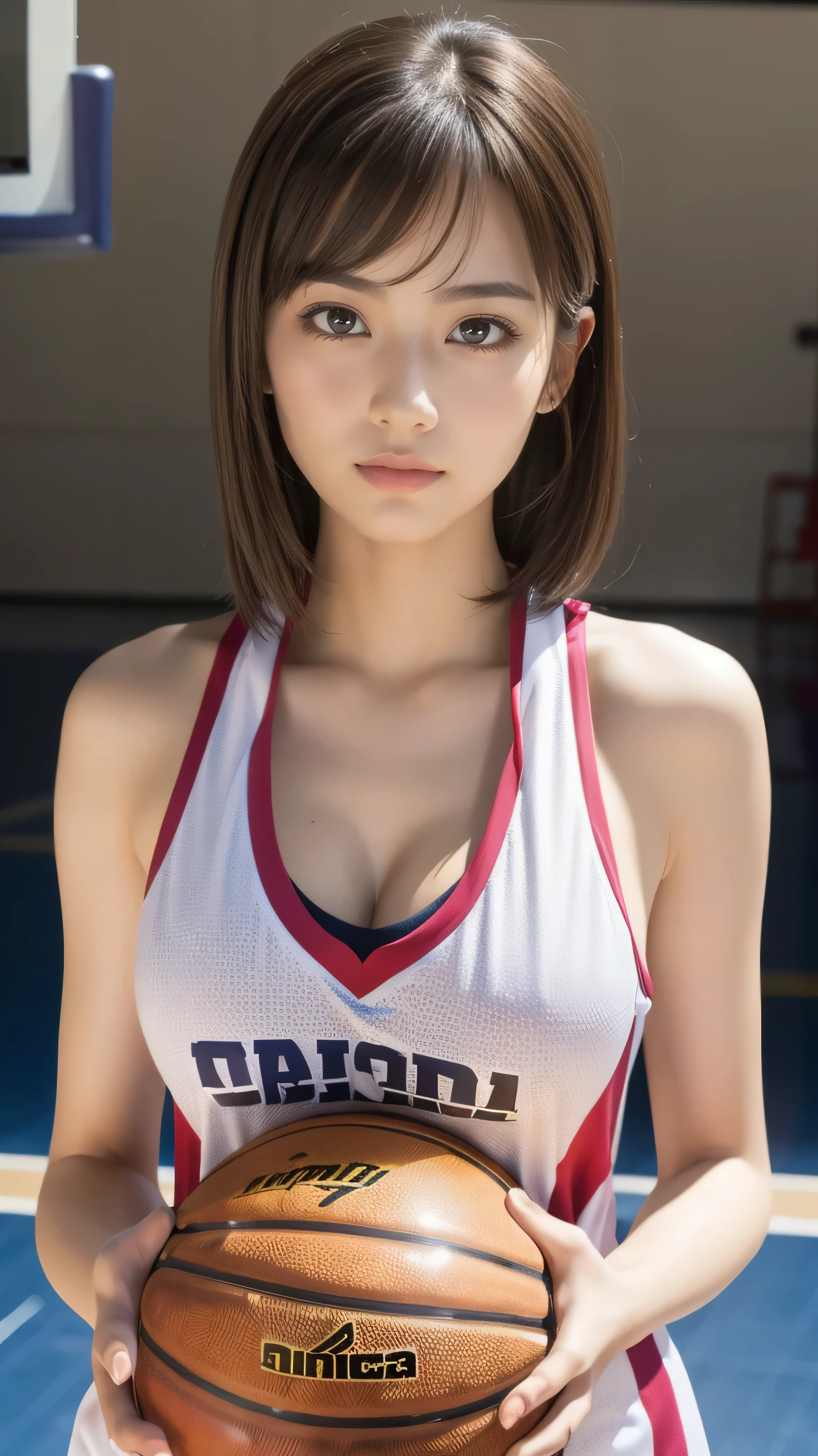 ((1girl in)), ((Best Quality)), (Ultra-detailed), (extremely detailed CG unified 16k wallpaper), Highly detailed, High-definition raw color photos, Professional Photography, Brown hair, Amazing face and eyes, Pink eyes, (amazingly beautiful girl), School, classroom, looking at camera,beautiful breasts,(25years old:1.3),(topless:1.3),top-quality、hight resolution、masutepiece、a picture、wall-paper、realisitic、Bright lighting、profetional lighting、face lights、Smooth lighting、Women in Japan、Beautiful sister、Adults、Beautuful Women、actresodeled、gravure、Idol、A sexy、Super beautiful、Beautiful skins、Beautiful and detailed eyes、Beautiful and detailed eyes、A detailed face、slim、Medium large breasts、cleavage of the breast、Breast bulge、short medium hair、brunette color hair、(Basketball Wear:1.5)