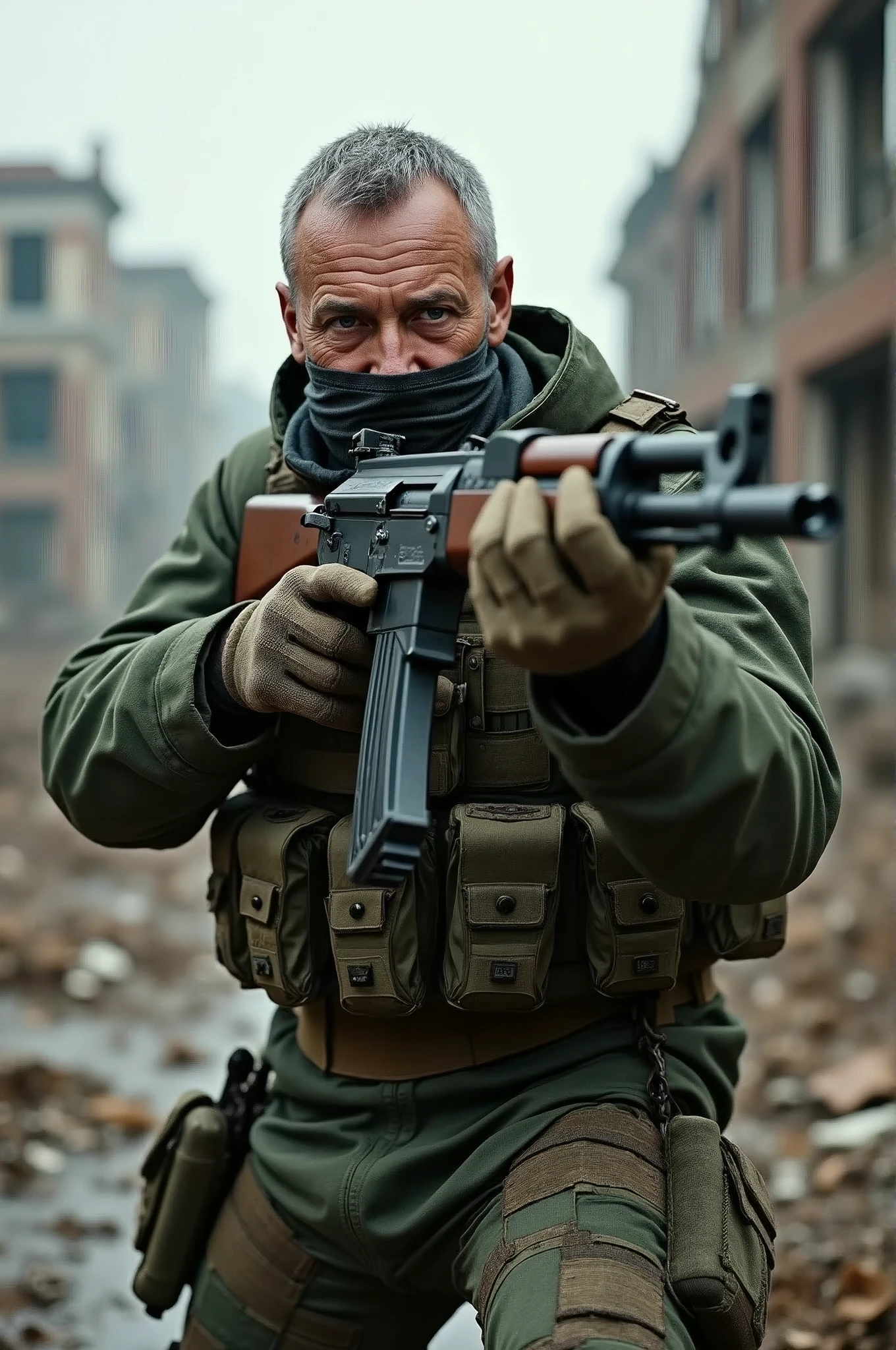 1man, russian, 40 years old, Character Design and Doomsday, Details, eyewear, detailed Skin, military uniform, bulletproof vest, gloves, Tactical masks, Holding an armed gun, AK47, shooting action, battle stance, (aim:1.5), Modified firearm, modify heavy firearms, ((destroyed town, apocalypses town,), action pose, FPV POV
