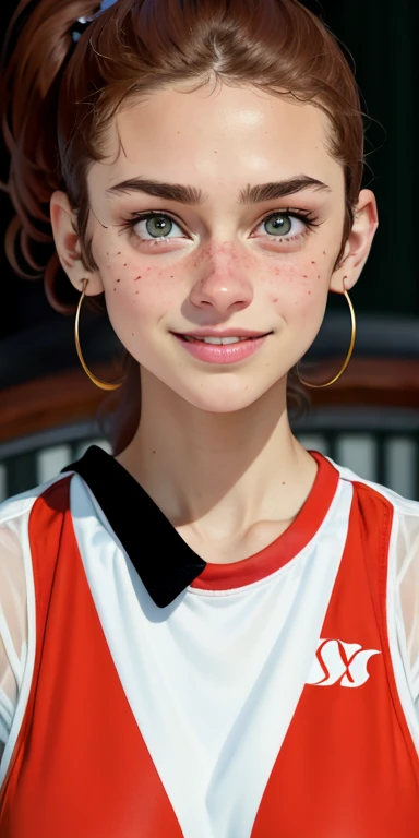 Photo of a 15-year-old European girl, .RAW, beautiful woman, (Light brown hair with ponytail hairstyle ), Ponytail hairstyle ((portrait)), ((detailed face:1.2)), ((detailed facial features)), (finely detailed skin), red basketball uniform , red and white band around the head, sports shoes with freckles on cheeks and chest ,park, london ferris wheel、revealing clothing , erotic clothes、big breasts , big breasts , big smile (cool color), humid, humid, Reflectors, (Tabletop) (perfect proportions)(Realistic photos)(The best quality) (detailed) photographed with a Canon EOS R5, 50mm lens, f/2.8, NffSW, (8k) (wallpaper) (cinematic lighting) (Dramatic lighting) (sharp focus) (Convoluted) , Whole body, beautiful woman body , game pose