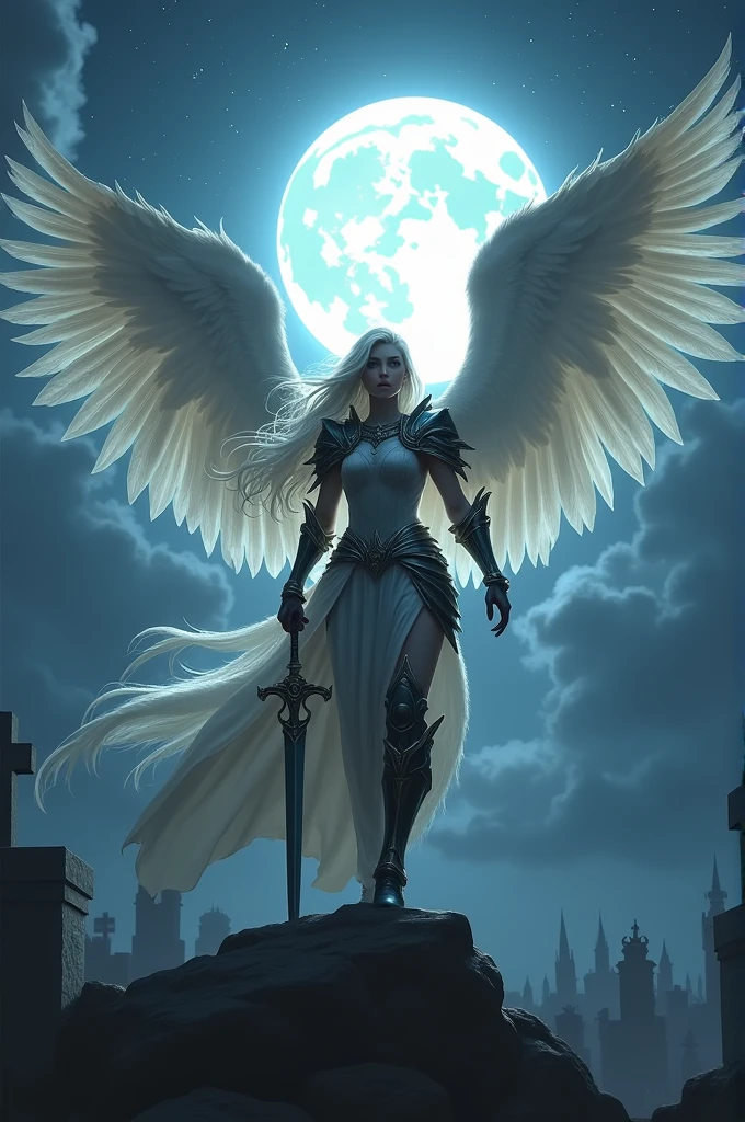 an epic fantasy art portrait of aasimar, female, paladin ready for battle under the full moon, holy warrior, spread large feathered wings, majestic wings, white angelic wings spread (Masterpiece, intense details: 1.5), moon light, moon, stars, clouds, holy symbol, armed with a divine sword, wearing holy armor, dynamic hair color, dynamic hair style, dynamic skin complexion, dark fantasy cemetery background, anatomically correct (Masterpiece 1.3, intense details), angel_wings, determined face, god rays, cinematic lighting, glowing light, silhouette, from outside, photorealism, panoramic view (Masterpiece 1.3, intense details) , Wide-Angle, Ultra-Wide Angle, 16k, highres, best quality, high details, 16K, ultra detailed, masterpiece, best quality, (extremely detailed), arafed, dnd art, portrait, full body,