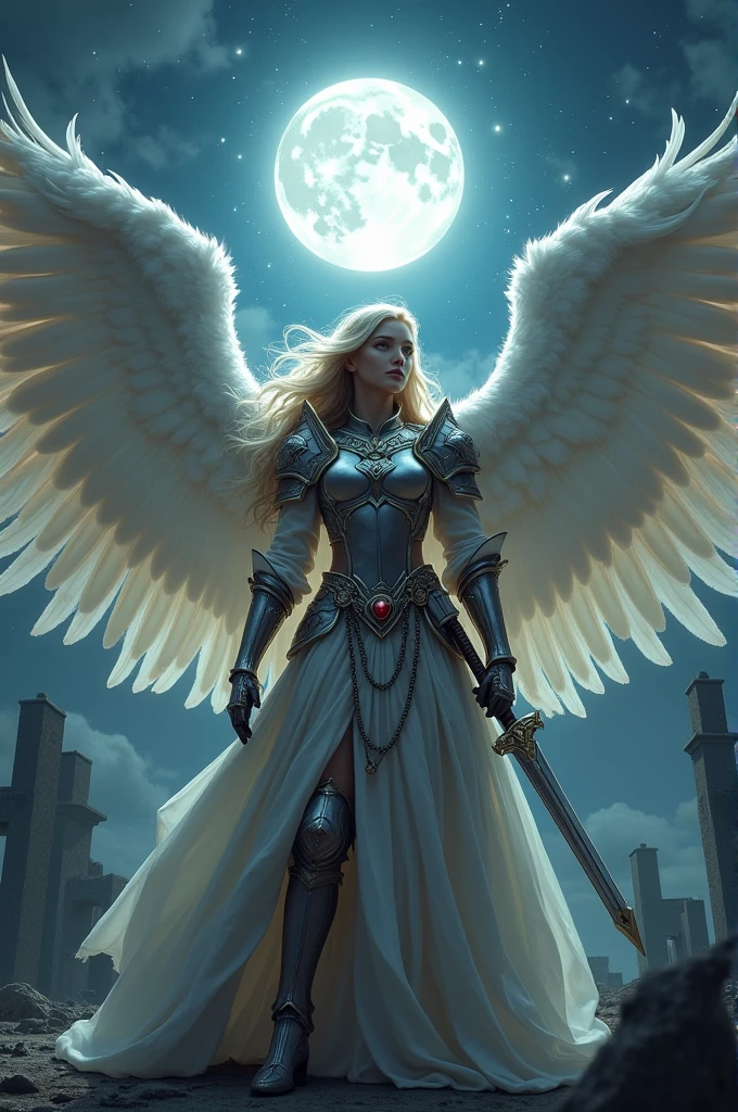 an epic fantasy art of aasimar, female, paladin ready for battle under the full moon, holy warrior, spread large feathered wings, (wings sprouting from the back: 1.3), majestic wings, white angelic wings spread (Masterpiece, intense details: 1.5), moon light, moon, stars, clouds, holy symbol, armed with a divine sword, wearing holy armor, dynamic hair color, dynamic hair style, dynamic skin complexion, dark fantasy cemetery background, anatomically correct (Masterpiece 1.3, intense details), angel_wings, determined face, god rays, cinematic lighting, glowing light, silhouette, from outside, photorealism, panoramic view (Masterpiece 1.3, intense details) , Wide-Angle, Ultra-Wide Angle, 16k, highres, best quality, high details, 16K, ultra detailed, masterpiece, best quality, (extremely detailed), arafed, dnd art, portrait, full body,
