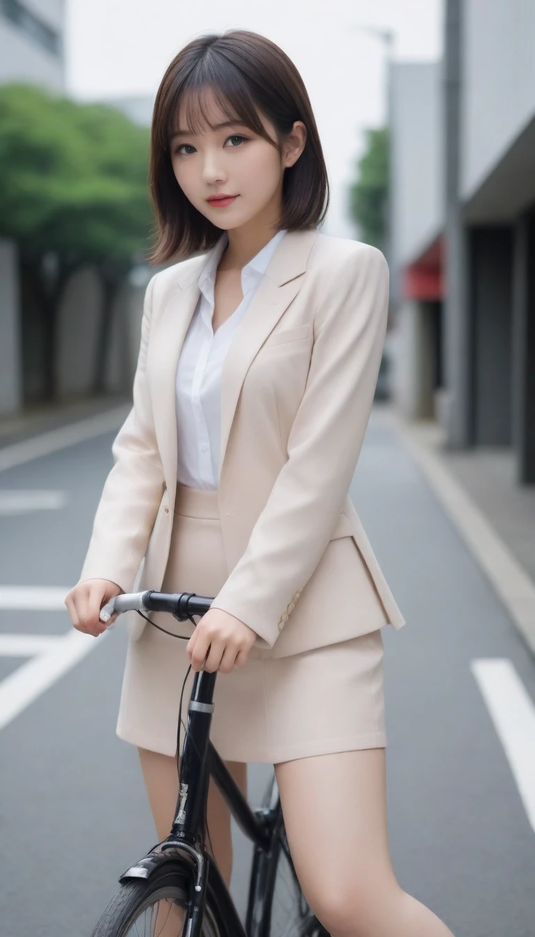 8k, photo realistic, Scores 9, 8, 7, 6, medium closeup, detailed, very sharp, vivid, solo, biking through Tokyo street, high heel, long legs, beautiful eyes, beautiful thighs, office suits, micro mini skirt, cycle basket, (((riding bicycle:1.5))), bicycle, short hair, exact front view, super low angle:1.5, going fast,  depth of field, beautiful big breasts, slender,  the most beautiful woman, double eyelid, beautiful japanese woman, 25 yo, strong wind, slim beautiful legs, sexy pantie stocking, foot on pedal, hip on saddle, up_skirt, lift up one leg high, show pantie