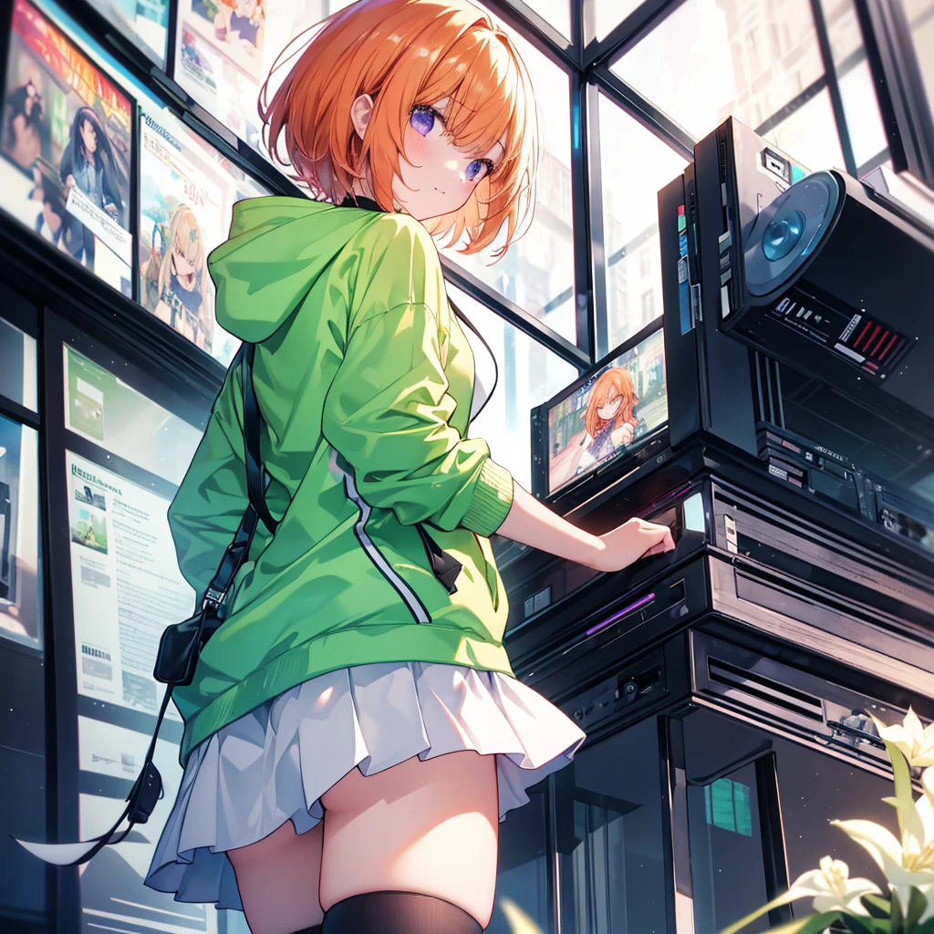 Highest quality,Best image quality,In 8K,4K,masterpiece,Ultra-detailed,beautiful、super high quality, Highest quality,High resolution, Very detailed,Game CG,Dutch Angle ,beautiful細部までこだわった目, Visual Arts,Five Fingers, Perfect hands,beautiful girl,alone,1 Girl,Curvy,((Very short side tail)),Exposing shoulders,(From below:1.5),(From behind:1.5),Ass Focus,Wedge Shape,blush,Cowboy Shot,Recall,(picnic:1.3), Highest quality,Best image quality,Perfect Anatomy,masterpiece,Ultra-detailed,beautiful,super high quality, Highest quality,High resolution, Very detailed,Game CG,Dutch Angle ,beautiful細部までこだわった目,Visual Arts,Five Fingers, Perfect hands,Hide your hands, {{{One Girl}}}, beautiful詳細な女の子, Game CG, Spring flower, One curl on the outside, Short Bob Hair, Pastel orange hair, Purple eyes,Stylish accessories solo, breast enhancement, Medium Shoot, woman, Take-out, Laughter, huge ,,Pastel green checkered mini skirt,Black knee-highs, {{{{{Wearing a pastel green hoodie}}}}},Open your mouth, wonderful, beautiful細部までこだわった目, Highest quality, Very delicate,Masseter muscle area,Highest quality,(Official Art、Highest quality、Unity 8k wallpaper、32K、masterpiece、Ultra-detailed、超High resolution、Realistic、Photorealistic:1.2)、(Cinema Lighting:1.2)、Fire Glow Effect、The most grainy shadows on the film、Side light、Side Shot、(Ultra-detailedで複雑な3Dレンダリング)、Atelier Series,