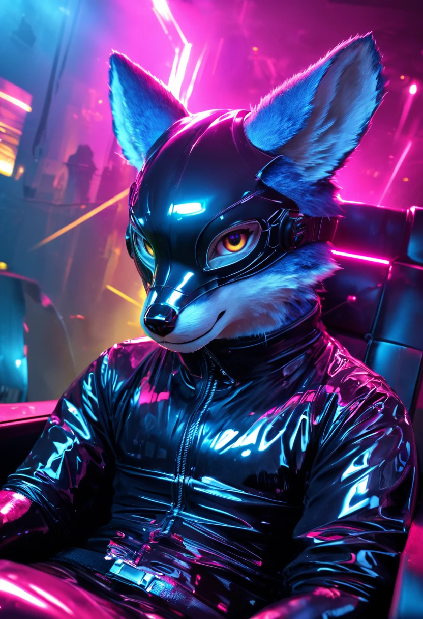 realistic, Highest quality, Highest quality, masterpiece, Ultra-high resolution, Detailed Background, Absurd, room, Perfect Anatomy, performance, Good lighting, Shadows in the movies(kemono, Furry Personifi猫ion), Furry, Rubber Body, Full Head Mask, The head is covered in rubber, Rubber Head, Vibrant colors, Dynamic Lighting, Dynamic Angle, Cyberpunk Eyes, Sitting in a chair
