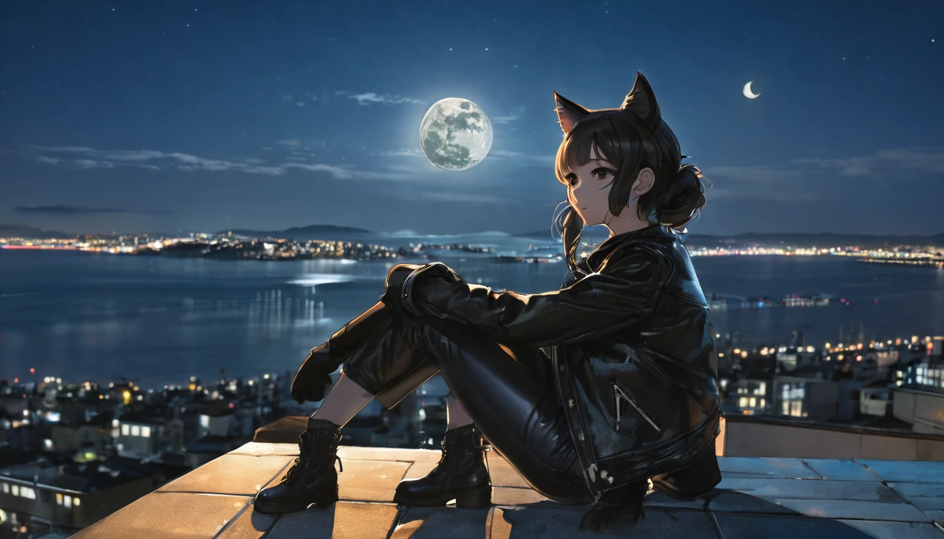 A girl, cat ears, leather jacket, is sitting on the edge of a rooftop at night. The city lights are shining behind her, and the moon is reflected on the sea. unaware of the camera that is capturing this moment.