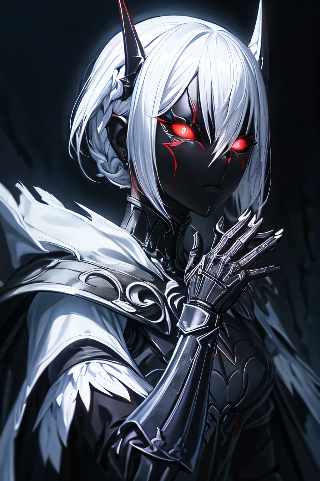 A young woman with white half-shaved sideswept hair, white skin, sharp face concealed by a full-face black theatrical mask, aloof expression, red eyes, red eyeballs, long slender limbs, long slender fingers, slim body, black scarf, black armor, DRK_Glam, MEvil, masterpiece,photorealistic,film grain,dark lighting,moody atmosphere,dramatic chiaroscuro lighting,cinematic,digital painting