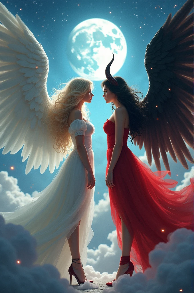(highest quality, masterpiece, High resolution), 16K, fantasy art, RPG art a picture of (((2 women))), BREAK a (1female angel: 1.3) , wearing dress, pale skin, best details beautiful face , (blond: 1.2) hair, long hair wavy hair (blue: 1.1) eyes, high heeled boots, wearing a dress, large angelic wings, (white: 1.2) angelic wings spread BREAK ((AND)) a (1female demon: 1.3), (red: 1.2) skin, demonic wings, (black: 1.1) demonic wings spread, demonic horns, (red: 1.1) skin, black hair, red eyes, best details beautiful face, wearing a dress, high heels, in the border between heaven and hell, moon, stars, clouds, god rays, soft natural light silhouette, dynamic angle, photorealism, panoramic view (Masterpiece 1.3, intense details) , Wide-Angle, Ultra-Wide