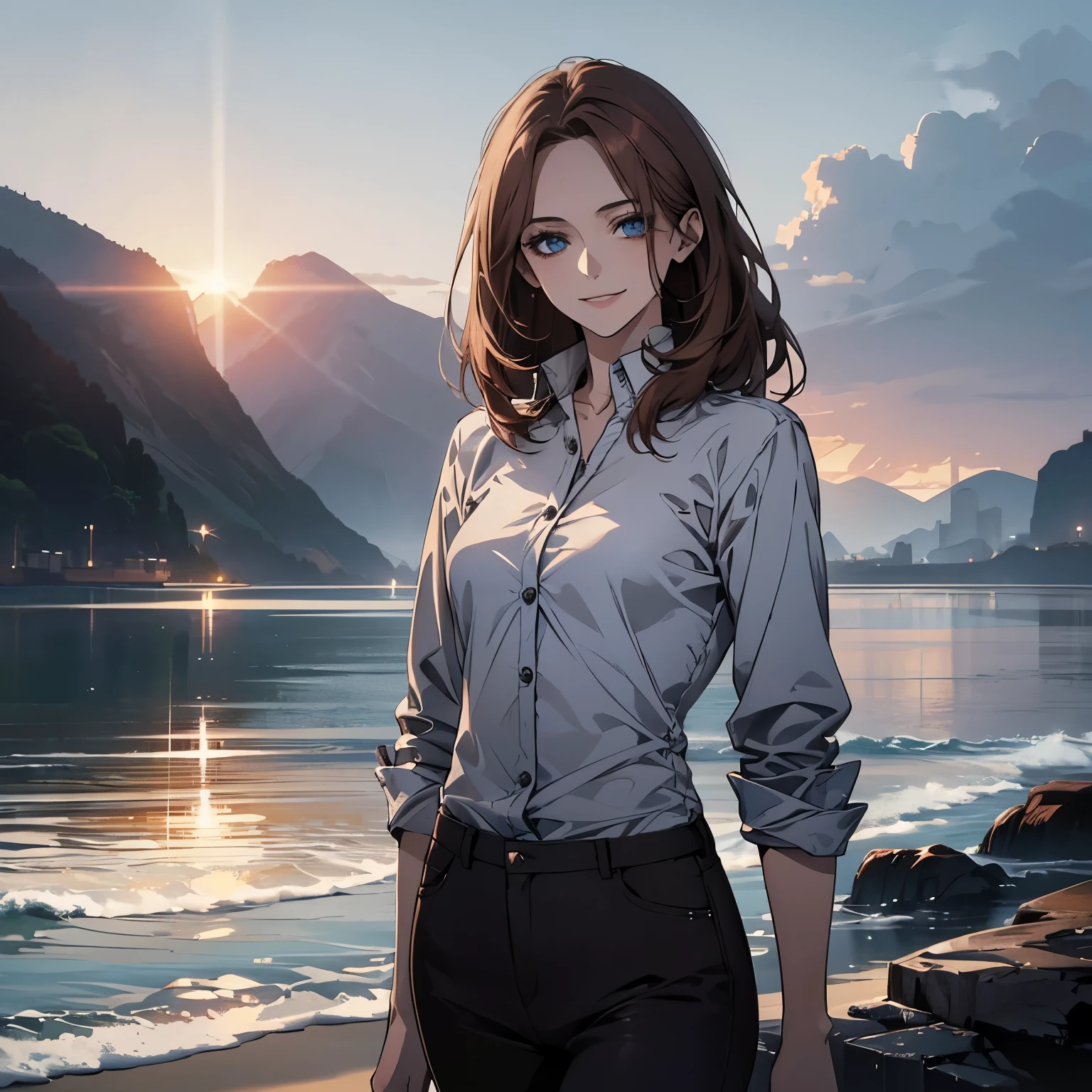 (Highest quality,High resolution,Very detailed),1 girl, Beautiful and elegant light blue eyes, Brown Hair, Cold Smile,Bob Hair, Jacket,skinny pants, Mature Woman, Age 26,Cruel smile, Calm and Calm, Slim figure, Pale complexion, thin, Calm,Small breasts, secretary,Seaside at dawn
