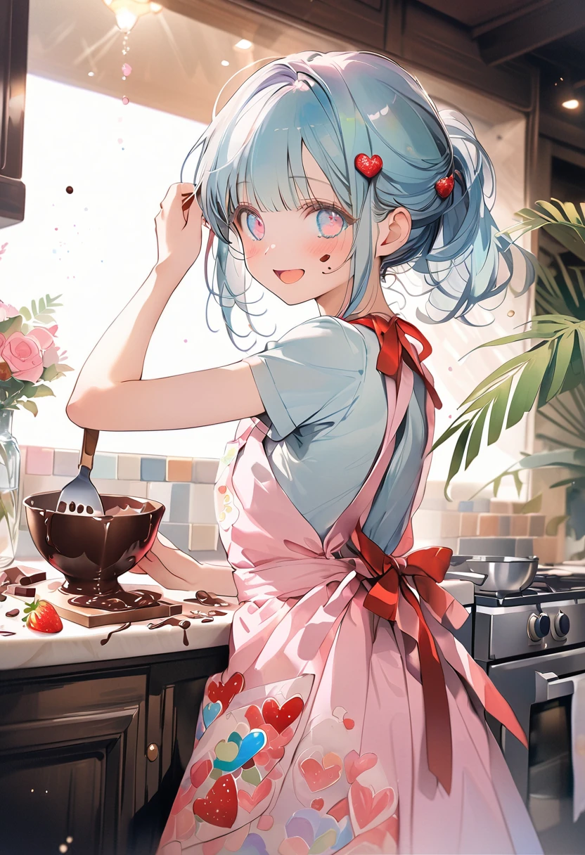 masterpiece, best quality, extremely detailed, (illustration, official art:1.1), 1 girl ,(((( light blue long hair)))), ,(((( light blue long hair)))),light blue hair, , long hair ((blush)) , cute face, big eyes, masterpiece, best quality,(((((a very delicate and beautiful girl))))),Amazing,beautiful detailed eyes,blunt bangs((((little delicate girl)))),tareme(true beautiful:1.2), sense of depth,dynamic angle,,,, affectionate smile, (true beautiful:1.2),,(tiny 1girl model:1.2),)(flat chest), (Pastel colors: 1.3), (Cute illustration: 1.3), (Watercolor: 1.1), With background, One girl, Open mouth and smiling, Beautifully detailed, Hazy, Colorful, Marble, Light particles, Pattern, (Cute background: 1.3), (Very detailed fine touches: 1.3), ///, Short hair, (Full body: 1.3), Transparent watercolor, Girl, Jewel eyes, Beautiful arrangement and motif, Depth of the border is written, Anime art, 8K, Details, Valentine, Lots of chocolate, Stylish decoration illustration, Limited palette, Chocolate around the illustration, Handmade chocolate, Red ribbon, , Tying hair with red ribbon, Apron, Brown and red image, Love, Red eyes, Chocolate on face, Holding spatula, Holding bowl, Making chocolate, Valentine's chocolate, Red heart, Heart, Glitter, Love, Love, Kitchen, Upper body, Full body, Cute apron, Chocolate on strawberry,stunning flowers, juicy berries, lush ferns, vibrant leaves, serene watercolor pattern