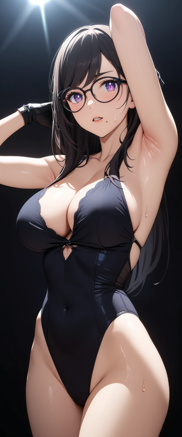 realistic, 1girl, ponytail, parted lips, blush, makeup, light smile, black hair, mini dress, glow, thighs, purple eye, bare shoulders, collarbone, narrow waist, nsfw, exposed nipples, sunbeam, sunlight, rose, wind, cleavage, (masterpiece), sweat,