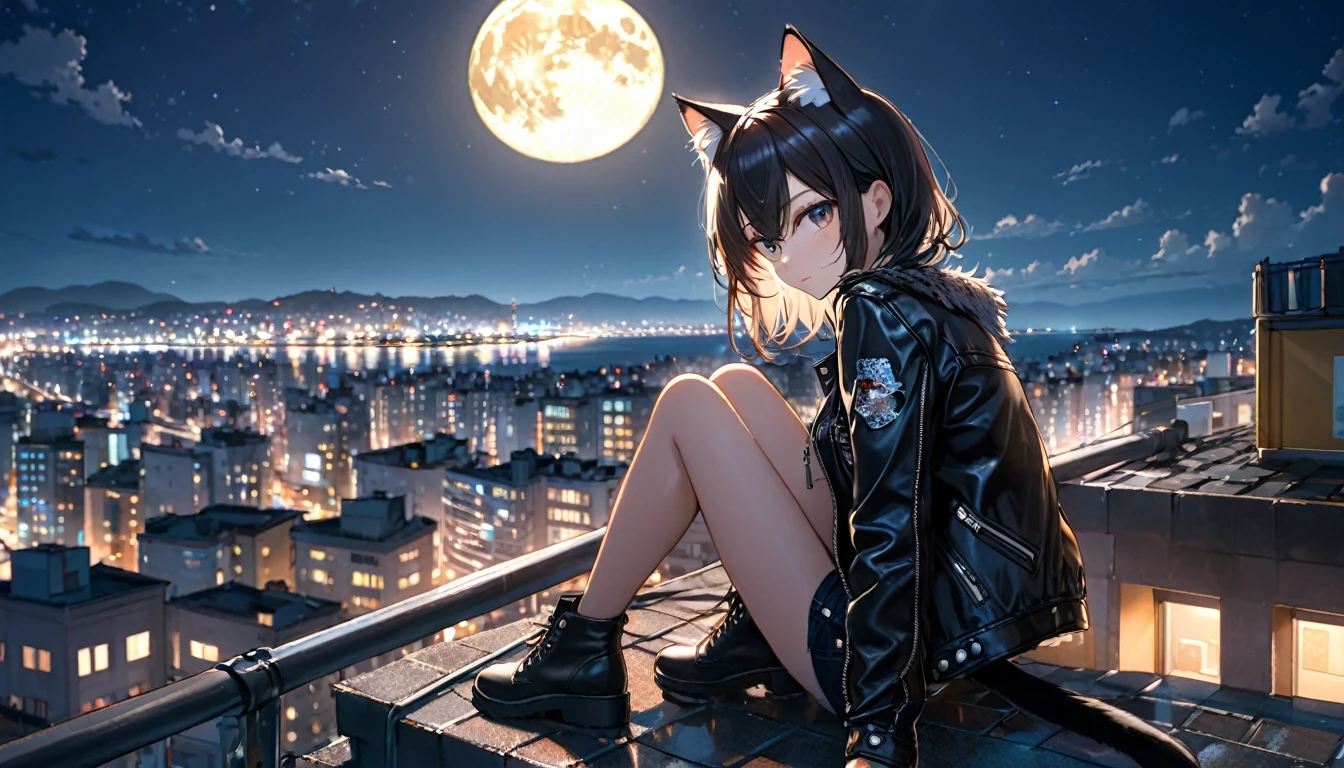 A girl, cat ears, leather jacket, is sitting on the edge of a rooftop at night. The city lights are shining behind her, and the moon is reflected on the sea. unaware of the camera that is capturing this moment.