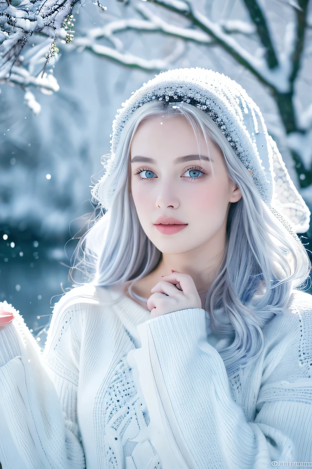 ( masterpiece, top quality, best quality,8k,17 years old girl,ultra detailed,raw photo:1.5),(photorealistic:1.4), (cinematic lighting), PerfectNwsjMajic, , Surrealism, UHD, ccurate, Super detail, textured skin, High detail, Best quality, dynamic angle, White skin,[Beautiful blue eyes], high nose,[flat chest:large breasts:0.5],(1girl),(good anatomy:0.5)),The white,A world covered in silver, branches covered with snow, cold winter touch, Snowflakes dance like elves, Turn the world into a silver fairy tale, Cold, Peaceful and beautiful snow scene, cozy calm,dress,white hair