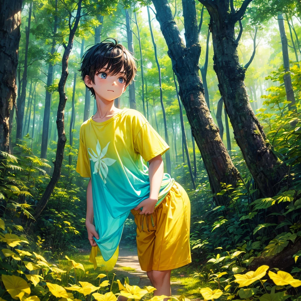 a boy in a yellow forest, wearing a summer t-shirt, bug effect,glowing highlights,fantasy,magical,surreal,colorful, medium shot