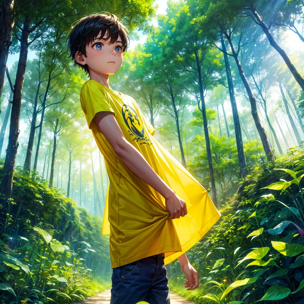 a boy in a yellow forest, wearing a summer t-shirt, bug effect,glowing highlights,fantasy,magical,surreal,colorful, medium shot