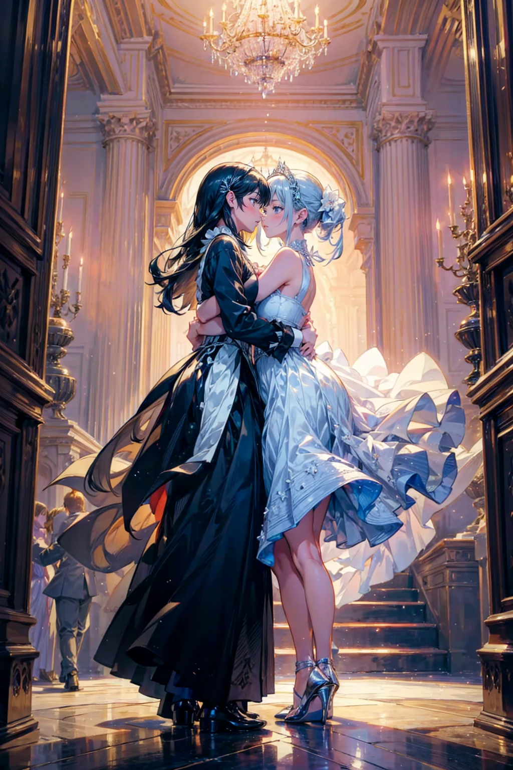 2girls,they wear dress,elegant,black girl,white girl,dance,hug,in palace