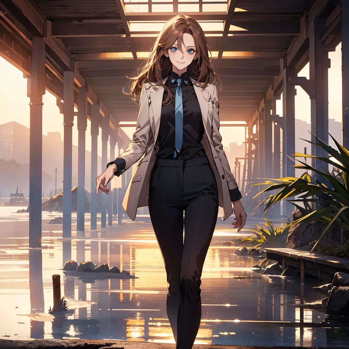 (Highest quality,High resolution,Very detailed),1 girl, Beautiful and elegant light blue eyes, Brown Hair, Cold Smile,Shortcuts, Jacket,skinny pants, Mature Woman, Age 26,Cruel smile, Calm and Calm, Slim figure, Pale complexion, thin, Calm,Small breasts, secretary,Seaside at dawn
