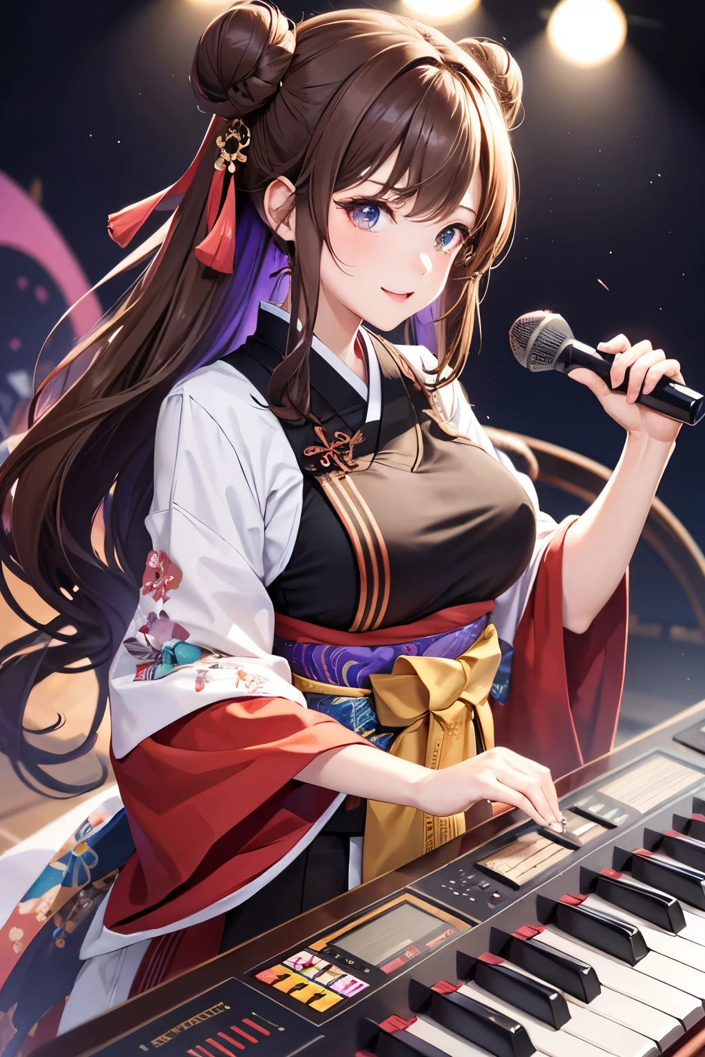 Top quality, ample limbs, perfect fingers, slender beauty, twin-tailed bun hairstyle, brown hair, Deresute, A costume of haori and hakama with a flashy pattern,Band instrumentskeyboard, beautiful large breasts, live stage, Playing Band InstrumentsKeyboard