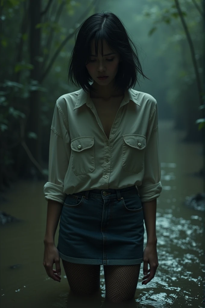 The woman,(masochism:1.0),Expressive wrinkles,Bob haircut,jeans skirt,blouse,(Incredible detailing of dark fishnet stockings with garters),(drowning in a bog:1.0),Standing in the swamp mud,Detailed eyes and face,expression of despair,Dark and moody lighting,ominous vibe, death", A Tragic Image, Aesthetic work of art:1.2,