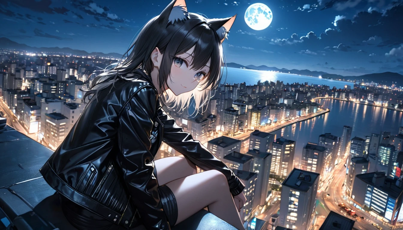 A girl, cat ears, leather jacket, is sitting on the edge of a rooftop at night. The city lights are shining behind her, and the moon is reflected on the sea. unaware of the camera that is capturing this moment.