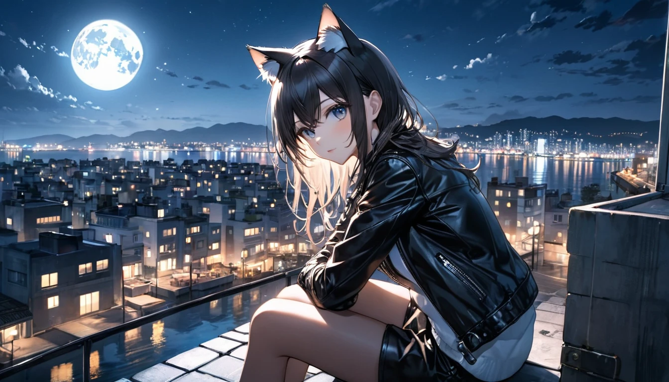 A girl, cat ears, leather jacket, is sitting on the edge of a rooftop at night. The city lights are shining behind her, and the moon is reflected on the sea. unaware of the camera that is capturing this moment.