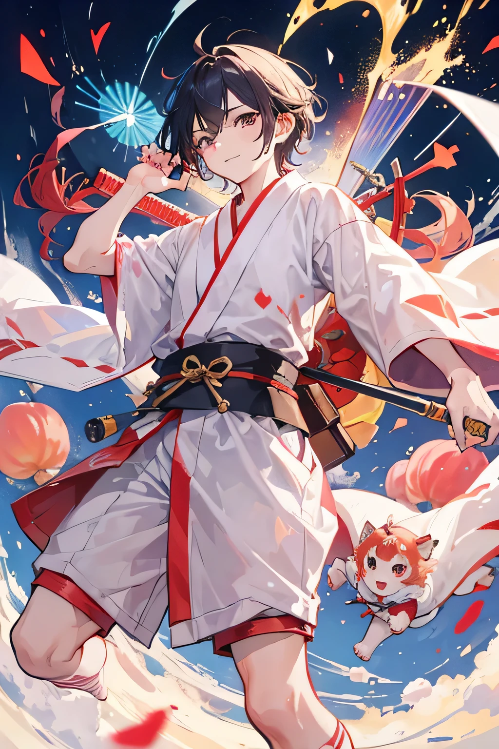 Born from a Peach: Momotaro is a boy born from a peach, and this origin is distinctive. Energetic Appearance: He is depicted as a lively and active child, often with a smile on his face. Clothing: Traditionally, Momotaro is often shown wearing simple Japanese clothing or kimono, with red or blue hues being favored. Kibidango at the Waist: Momotaro is known for carrying kibidango at his waist, which serves as an item to gather companions. Short Hairstyle: His hair is short, expressing a childlike innocence. Healthy Physique: Momotaro is portrayed as a strong child with a robust physique. Sparkling Eyes: His eyes are large and filled with a curious sparkle. With Companions: Momotaro is often depicted with a dog, monkey, and pheasant, embarking on adventures together. Brave Expression: When heading to defeat the demons, he shows a brave expression, conveying determination. Weapons: In some depictions, Momotaro is shown with a sword or staff, but generally, he fights alongside his companions without weapons.