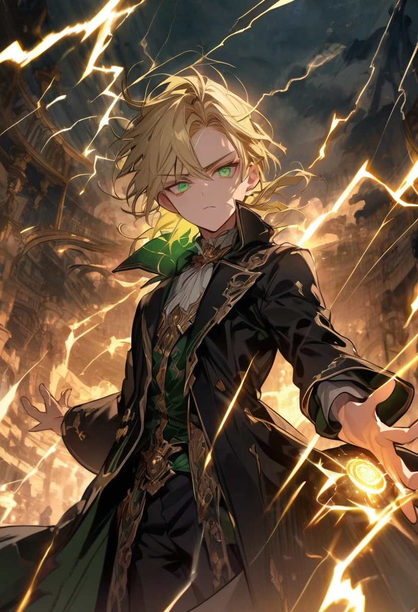 (nonsense, high resolution ), 16ก, (Panorama), 18 years old, 1 man, serious, dark green eyes, open hand, Short right swept dandy blonde hair, blonde hair, black coat, , Extreme details, lightning, magic, magic Array, Exaggerated light, shine, magic, floating, twilight, handsome