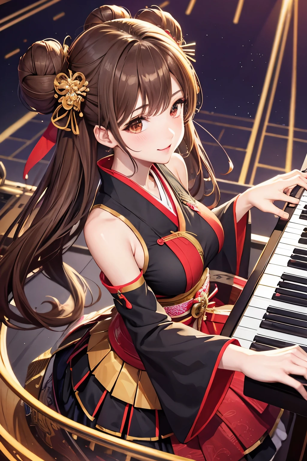 Top quality, ample limbs, perfect fingers, slender beauty, twin-tailed bun hairstyle, brown hair, Deresute, A costume of haori and hakama with a flashy pattern,Band instrumentskeyboard, beautiful large breasts, live stage, Playing Band InstrumentsKeyboard