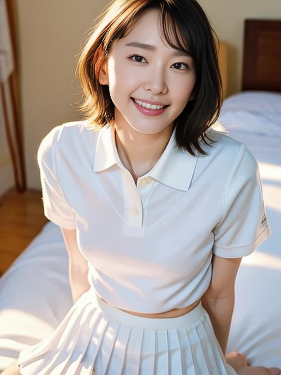 (Masterpiece, Best quality: 1.2), (Ultra realistic, Photo-realistic: 1.2), Slender body, From above, (Seductive pose: 1.2), Bedroom eyes, (Beautiful thighs: 1.1), Natural light, 28 years old actress, Japanese women, Neat and clean, (Ponytail short wavy hairstyle: 1.1), Short wavy hair, ((Wearing white tennis uniform, White short-sleeve polo shirt: 1.2)), (unbutton: 1.3), ((Wearing White tennis pleated skirt: 1.3)), Wearing white sock, (Beautiful face), Oval face, clear, Beautiful eyes, Kind eyes, Clear skin, Small face, Beautiful mouth, Small mouth, Natural makeup, Approachable, Seductive smile, Embarrassed, Blush, Luxury hotel Suite room, On bed,