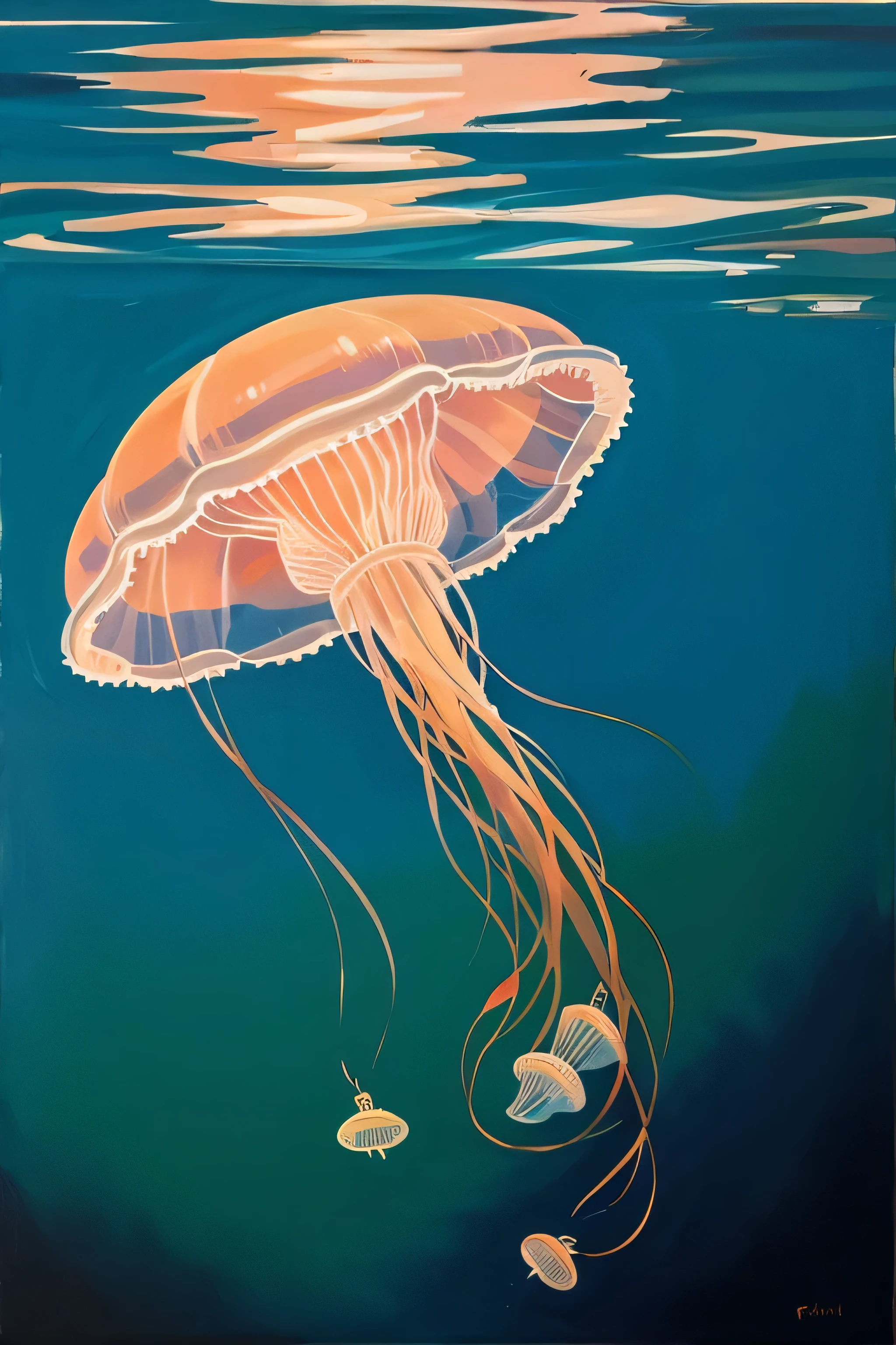(Oil painting 1.0), (flat strokes), jellyfish floating in water