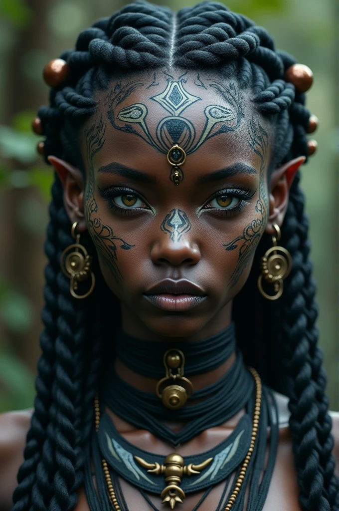 a close up of a woman with tattoos on her face, dark elf, fractalpunk, braided intricate hair, matte painting portrait shot, beautiful female android, pitchblack skin, she is dressed in shaman clothes, tattooed face, cryptopunk, heavy makeup