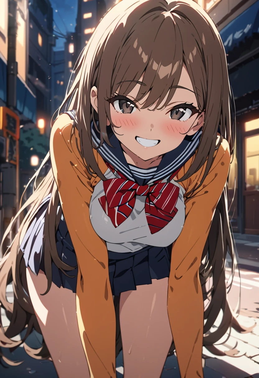 masterpiece, best quality, high quality, detailed, ultra detailed, hyper detailed, insanely detailed, exquisite, beautiful, FHD, Full-HD, 4K, highres, absurdres, woman, cheerful, grinning, bending over, looking at viewer, very long hair, brown hair, black eyes, tall, athletic, beautiful breasts, leggy, gyaru, school uniform, blush, on the street, in the evening, cel anime, headshot, cowboy shot, dappled sunlight