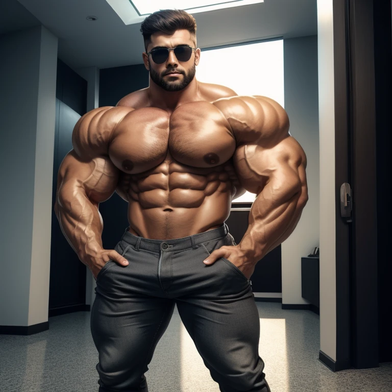 sunglasses, hyper growth, hyper muscles, a very handsome young man, big eyes, muscular, shirtless, wearing long gray pants, with hands in pockets