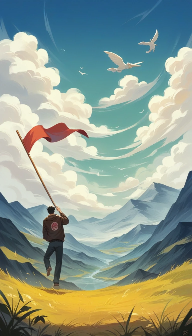 create a realistic caricature collage with a large image frame in the middle with several small images surrounding the frame,big picture in the center,Indonesian old man with black hair style holding a white bamboo with the Indonesian flag flying at the top,Small pictures surround it with the theme of Indonesian independence,the background is rice fields, mountains and clouds "Dirgahayu RI 79",highly details,masterpiece,ultra HD 4k