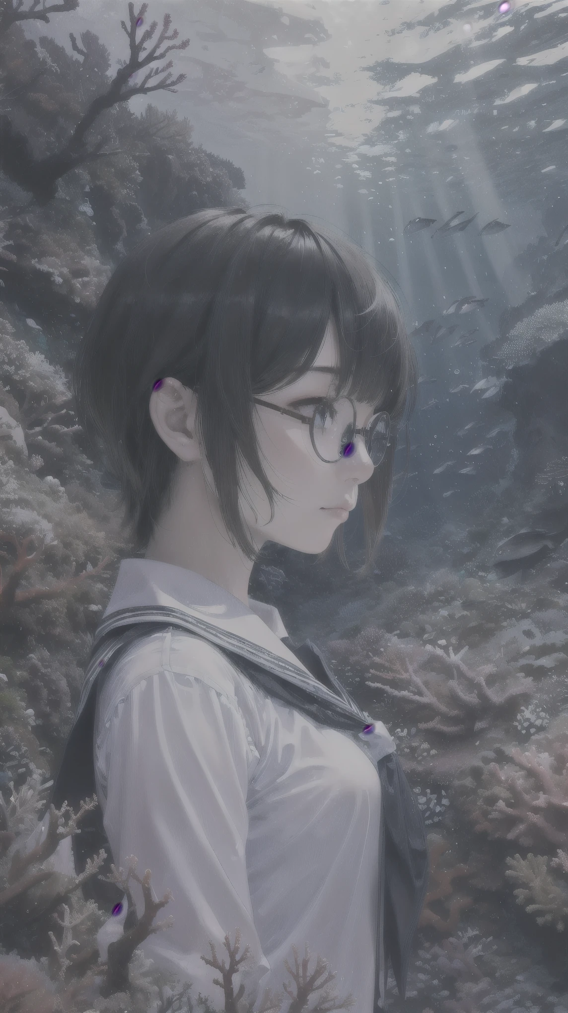 abyss-fc、deep sea、Coral Reef、Light from the sea、Bubble、One girl、uniform、profile、Landscape、Glasses、Beautiful girl、Close-up of face、Highest quality、Masterpiece、Upper Body、solo、